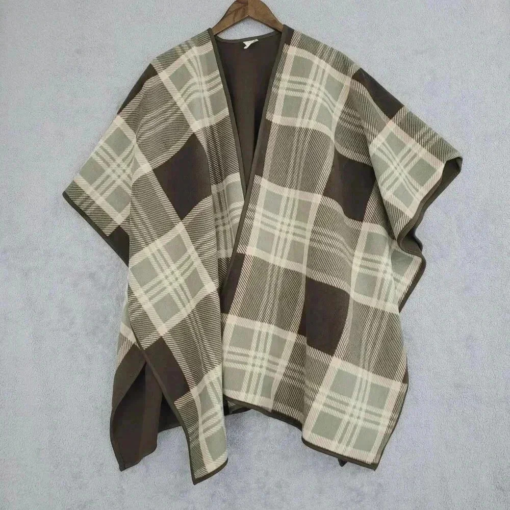 Woolrich Reversible Plaid Poncho Cape One Size Polyester Brown/Green  7CT